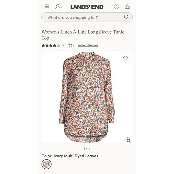 Lands' End Women's M 10-12 Linen A-Line Long Sleeve Tunic Top Ivory Multi Leaves - Picture 9 of 16